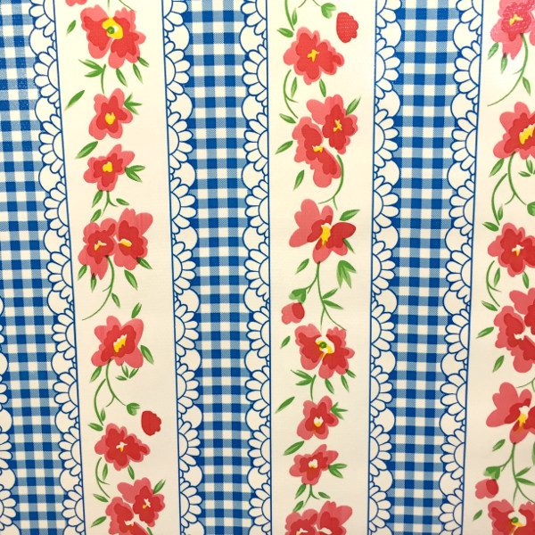 Mexican Oilcloth Flowers and Gingham Blue