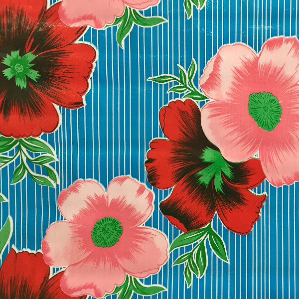 Mexican Oilcloth Big Flowers & Stripes Pale Blue - BenElke
