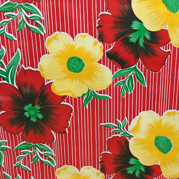 Mexican Oilcloth Big Flowers & Stripes Red