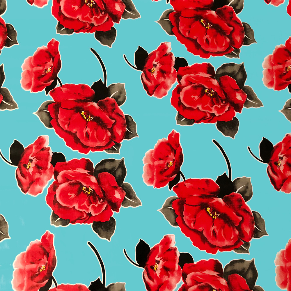 Mexican Oilcloth Red Flower Pale Blue – BenElke
